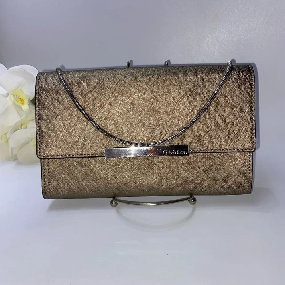 Calvin Klein Saffiano Leather Shoulder Purse Gold Small